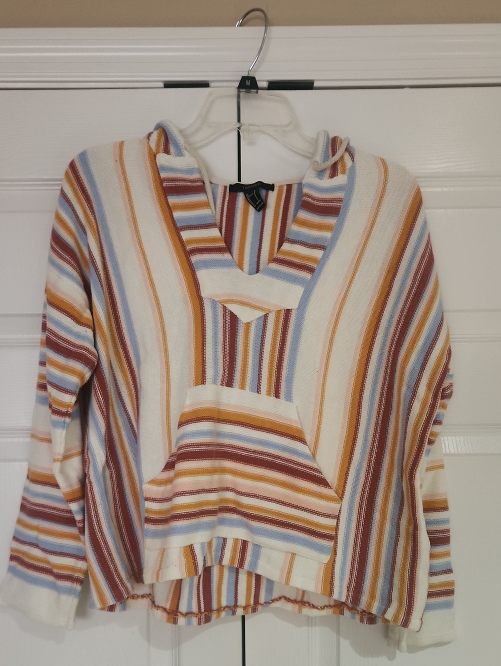 Forever 21 Cream Striped Hooded Pullover with Blue, Rust & Tan
